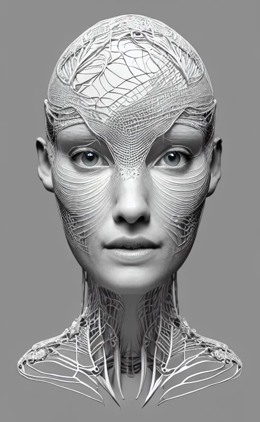 Prompt: complex 3d render ultra detailed of a beautiful porcelain profile woman face, hazel eyes, vegetal dragon cyborg, 150 mm, beautiful natural soft light, rim light, silver black details, magnolia big yellow infrared leaves and stems, roots, fine lace, maze like, mandelbot fractal, anatomical, facial muscles, cable wires, microchip, elegant, white metallic armor, octane render, black and white, H.R. Giger style