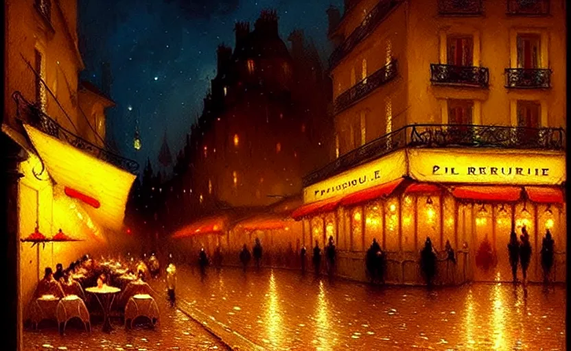 Image similar to parisian restaurant at night, by Greg Rutkowski and Gaston Bussiere, beautiful volumetric-lighting-style atmosphere, futuristic atmosphere, intricate, detailed, photorealistic imagery, artstation, by Evgeny Lushpin