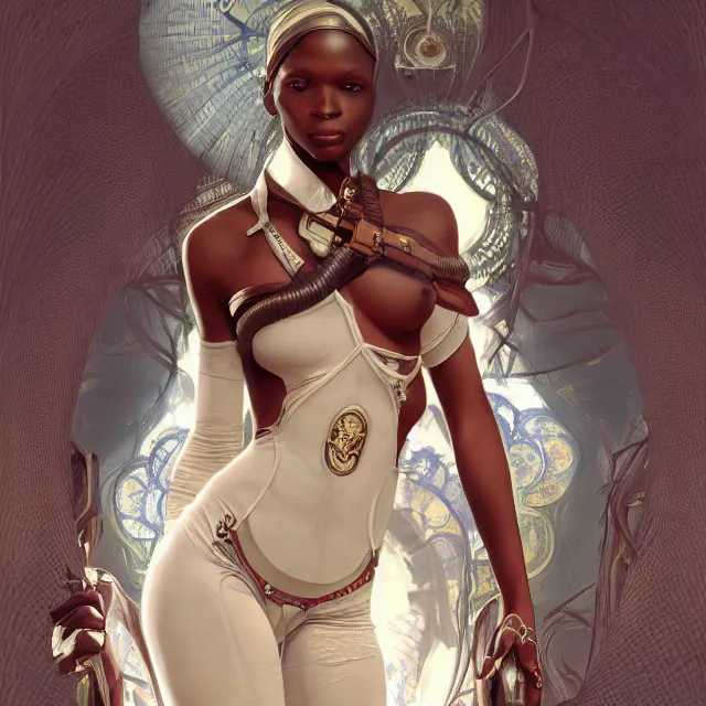 Image similar to african domme mistress, full body, dominatrix, tribal, smooth white tight clothes suit, ornate, very beautiful, concept art, realistic painting, androgynous, afrofuturism, daz 3 d, cinematic, cgsociety, digital art by greg rutkowski, by alphonse mucha