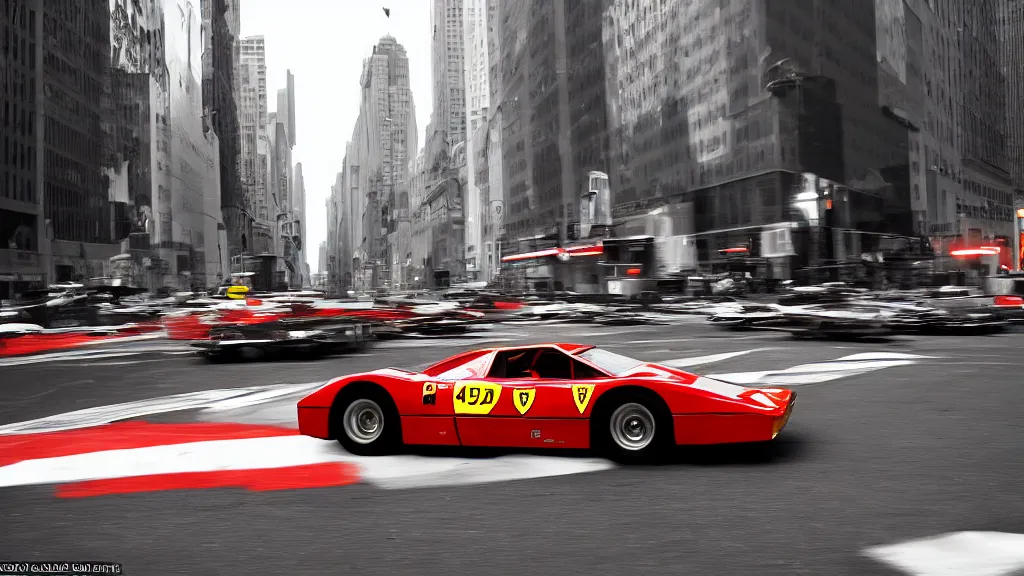 Prompt: One Ferrari 512 races down fifth Avenue in New York City, motion blur, dusk, highly detailed and realistic photograph, no people