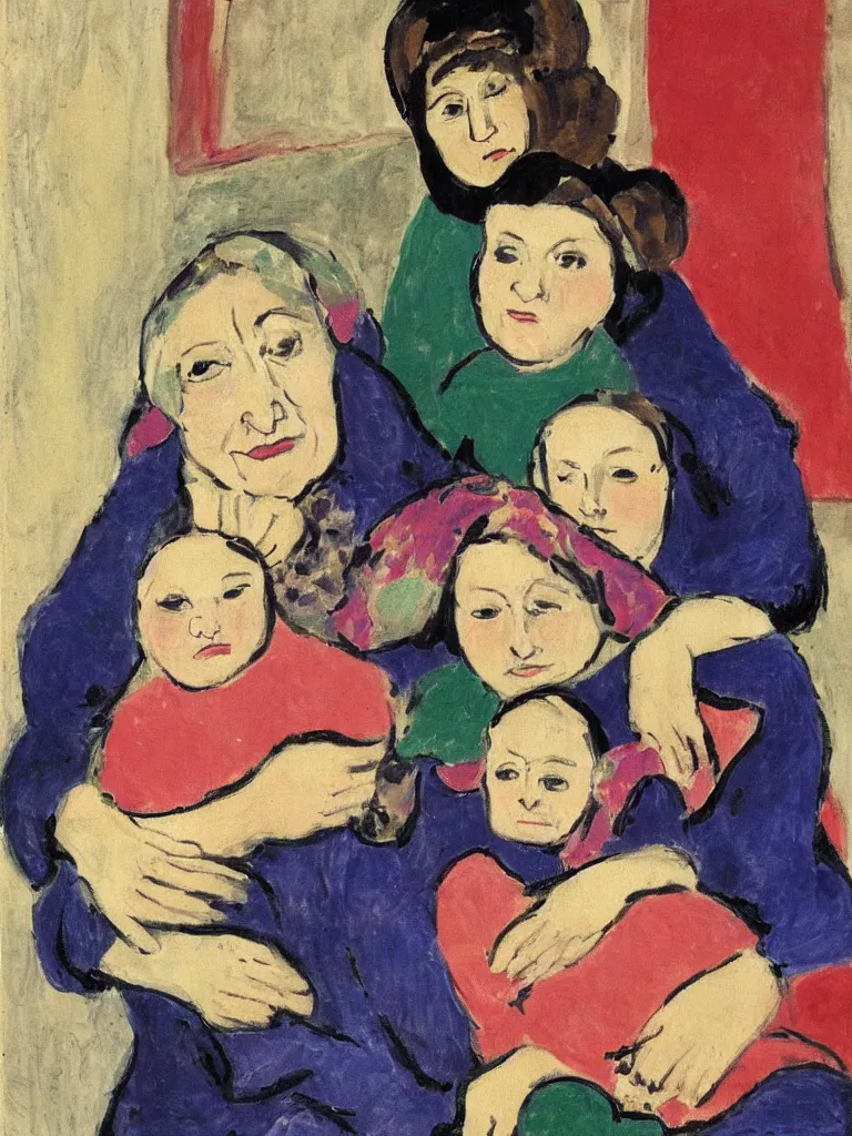 Image similar to portrait of a old woman holding a younger woman on her lap, that holds another, even younger woman, holding a girl holding a baby. painting by matisse