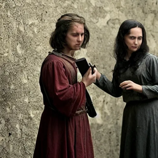 Image similar to scene from a 2 0 1 0 film set in 1 3 0 0 showing a woman using a mobile phone