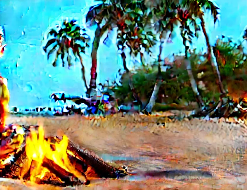 Prompt: gandhi at the beach sitting on the sand next to a campfire with palm trees in the back, concept artwork, 3 d render, official art, promotional art, beautiful intricately detailed, 8 k,