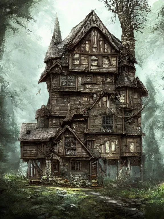 Image similar to old house in the woods, highly detailed, digital art, sharp focus, raytracing, trending on art station, warhammer fantasy setting,