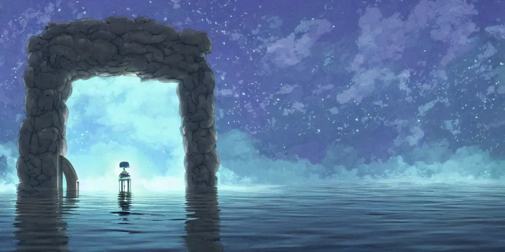 Image similar to a cell - shaded studio ghibli concept art study of a square dimensional portal doorway in a flooded desert on a misty starry night. a waterfall is flowing out of the portal. very dull colors, hd, 4 k, hq