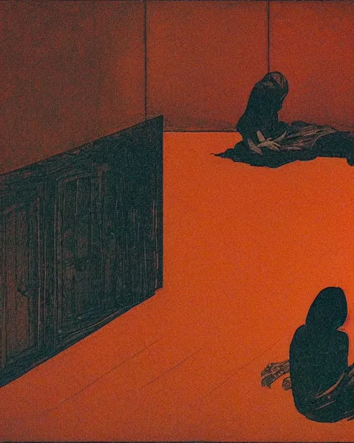 Prompt: an old dead couple sitting on an old couch in an old apartment next to obsidian table, vibrant orange background, Francisco Goya painting, part by Beksiński and Edvard Munch. art by Takato Yamamoto, Francis Bacon masterpiece