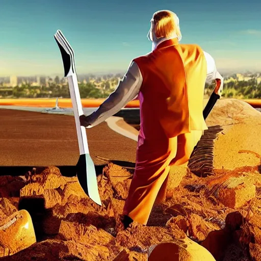 Prompt: long shot of crying Donald Trump wearing an orange prison suit and breaking rocks with a pickaxe at sunset, realistic