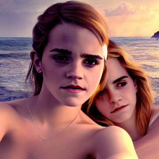 Image similar to beautiful serene intricate portrait of emma watson and emma watson taking a selfie, relaxing on the beach, golden hour, soft focus, 8 k, art by irakli nadar, hyperrealism, hyperdetailed, ultra realistic