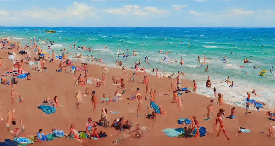 Image similar to beach with many people swiming, digital oil painting, 8k, trading on artstation