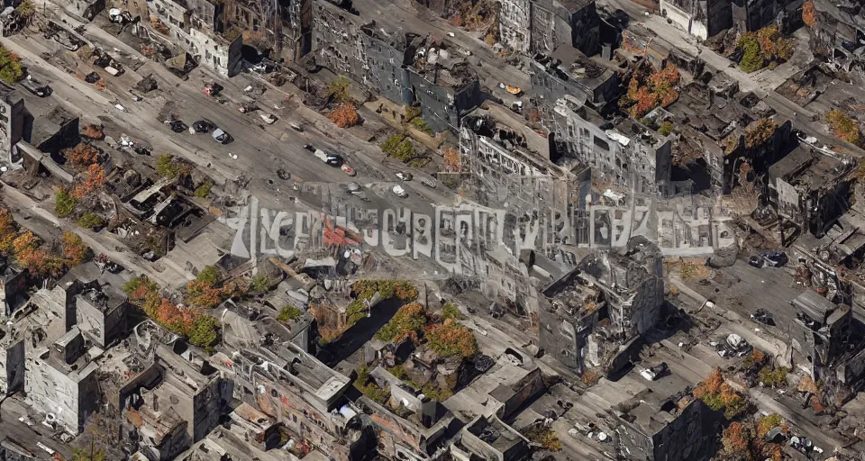 Image similar to aerial view of dilapidated zombie - apocalypse new york city in real life, desolate with zombies, dilapidated, zombies in the streets, nightmarish, some rusted style parked vehicles, sunny weather, few clouds, volumetric lighting, photorealistic, daytime, autumn, sharp focus, ultra detailed, cgsociety