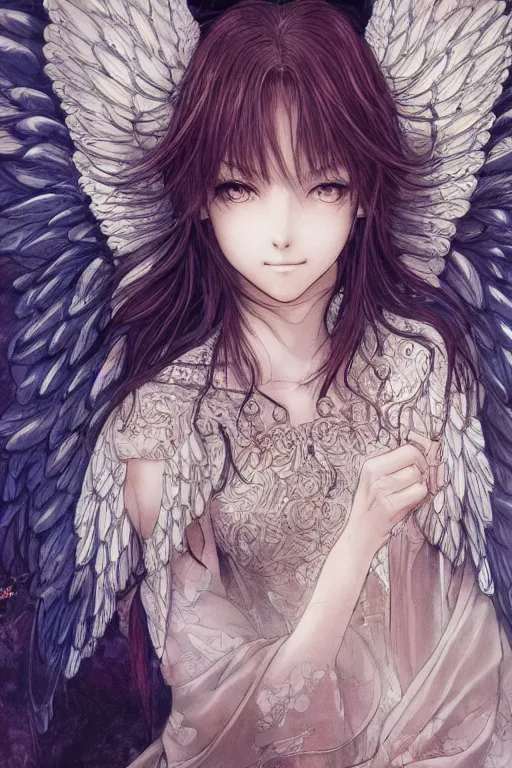 Image similar to Portrait of beautiful anime maiden with angelic wings, intricate, elegant, highly detailed, artstation, concept art, illustration, art by Yoshitaka Amano, Sakimichan, Katsuya Terada