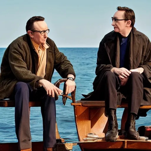 Prompt: john lock and ben linus sitting on a boat