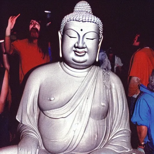 Prompt: frowning buddah at a 1988 grateful dead concert, hyperrealism candid 35mm grainy film photography