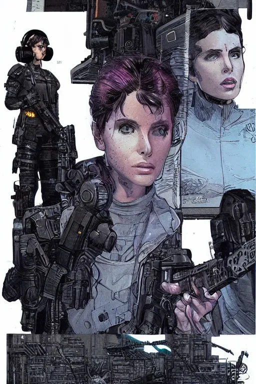 Image similar to selina. blackops mercenary in near future tactical gear, stealth suit, and cyberpunk headset. Blade Runner 2049. concept art by James Gurney and Mœbius.