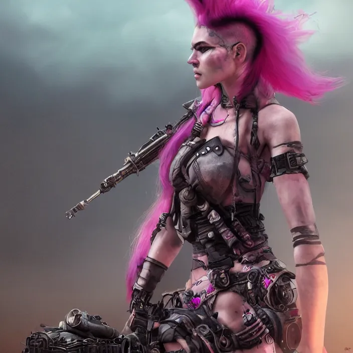 Image similar to beautiful apocalyptic woman with pink Mohawk, standing on mad max panzer tank, 4k ultra hd, fantasy dark art, tank girl, artstation, octane render, elegant, detailed digital painting