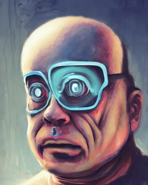 Image similar to a painting of a robot with the face of a danny devito trending on artstation in the style of greg rutkowski, 3 d, watercolor, beautiful, young, award winning portrait