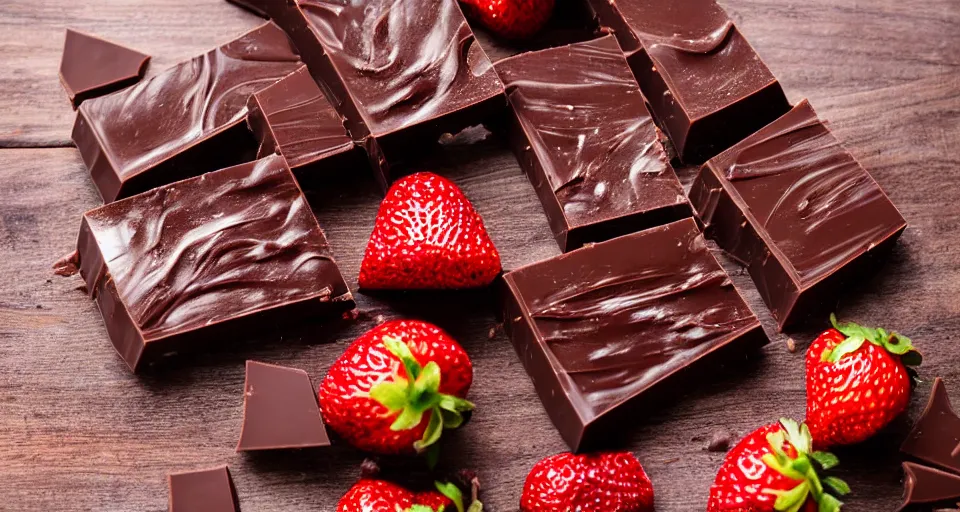 Image similar to An unwrapped gourmet dark chocolate bar, next to sliced strawberries, on a wooden tray, macro lens product photo