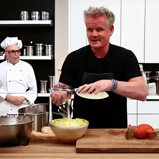 Image similar to hyper real Gordon Ramsey cooking a unicorn in kitchen 4k