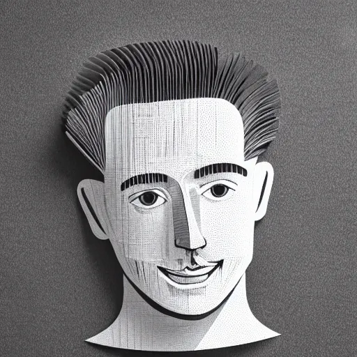 Image similar to a 2 d flat paper portrait of a man with wavey short hair, made from paper, friedly smile, raised eyebrows, ambient light, shadow art