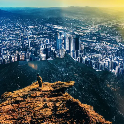 Prompt: a man looking down from a very tall mountain and seeing a city below him, photorealistic