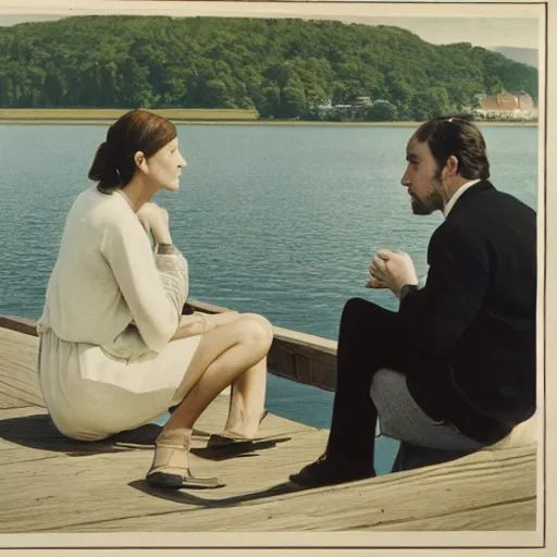 Prompt: A beautiful photograph of a man and a woman are standing on a dock, looking out at a body of water. The woman has her hand on the man's shoulder, and they appear to be deep in conversation. The colors in the photograph are muted, and the scene has a calming feeling. quartz by Ludwig Mies van der Rohe detailed, lines