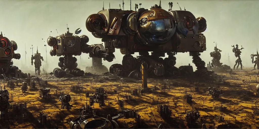 Image similar to scene from future robot war, highly detailed, painting by otto dix and greg rutkowski 8 k