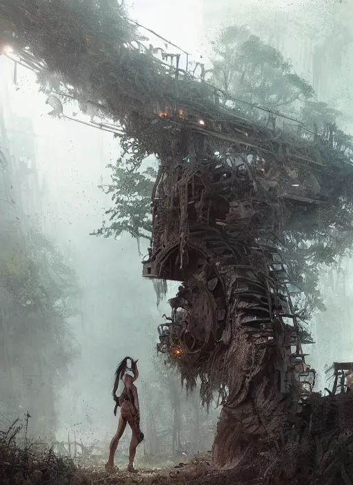 Image similar to a tribal woman and a soldier discovering a post apocalyptic city overgrown with lush vegetation, by Luis Royo, by Greg Rutkowski, dark, gritty, intricate, backlit, strong rimlight, cover illustration, concept art, volumetric lighting, volumetric atmosphere, sharp focus, octane render, trending on artstation, 8k