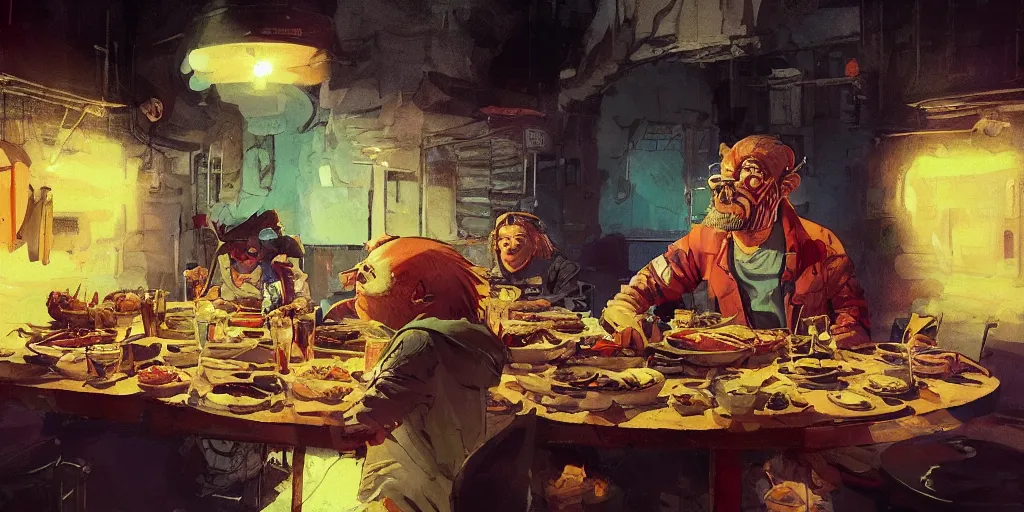 Image similar to cartoonish neil young eating dinner, vivid colors, character sheet, fine details, concept design, contrast, kim jung gi, greg rutkowski, trending on artstation, 8 k, full body, turnaround, front view, back view, ultra wide angle