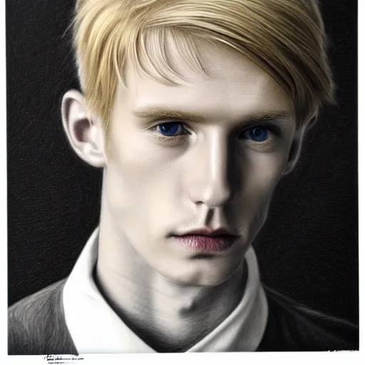 Image similar to A pencil drawing portrait of a blond young Irish man with high cheekbones. Good bone structure. Dressed in 1980s style. Highly detailed, fine Art, high detail, great lighting, 8k resolution, masterpiece, concept art, illustration, clear eyes, painting oil on canvas, octane render, HDR, trending on artstation, 4k, 8k, HD