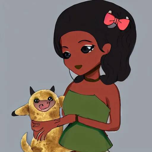 Image similar to Dark skinned girl pets Chibi Godzilla, digital art