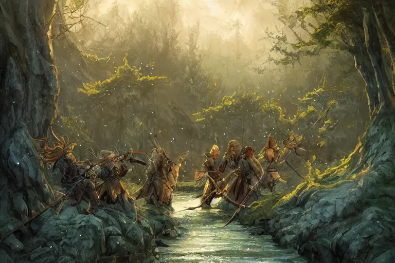 Image similar to dungeons and dragons fantasy painting, mice ranger archers emerge from the forest, longbows, hooded cloaks, whimsical and cute, determined expressions, watery eyes, anime inspired by krenz cushart, brown fur, tufty whiskers, feathered arrows, bamboo forest river shore, dawn lighting, by brian froud jessica rossier and greg rutkowski