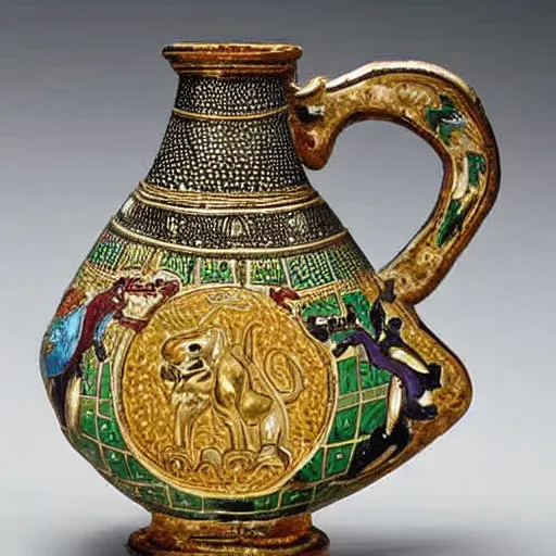 Prompt: A golden jug from times of Charlemagne (early 9th Century CE) decorated with technique of cellular enamel (cloisonné). On one hand, two lions by tree of life, and on other, there are two griffins.