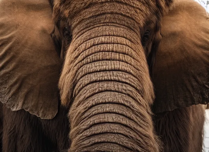 Prompt: extreme closeup of a very wooly brown hairy mammoth, elephant, mastodon, mammoth, detailed fur, zoo photography, National Geographic, HD,