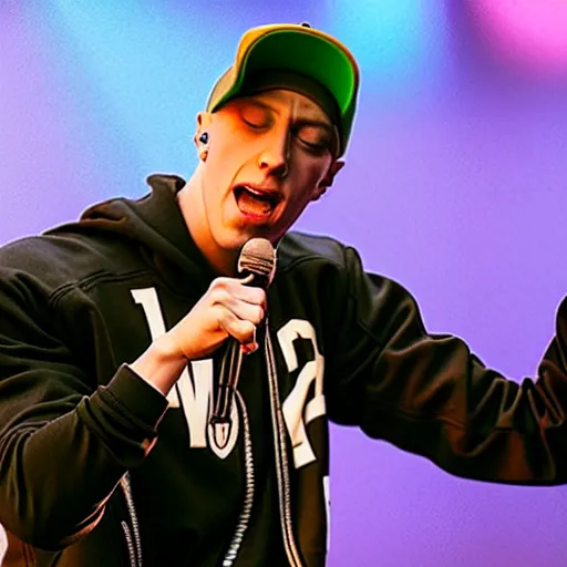 Image similar to still of an award - winning movie of eminem rapping on stage alongside a cartoon chocolate m & m candy, hyperdetailed, hdr, studio lighting, studio quality effects, epic!!!!!! 4 k, 8 k