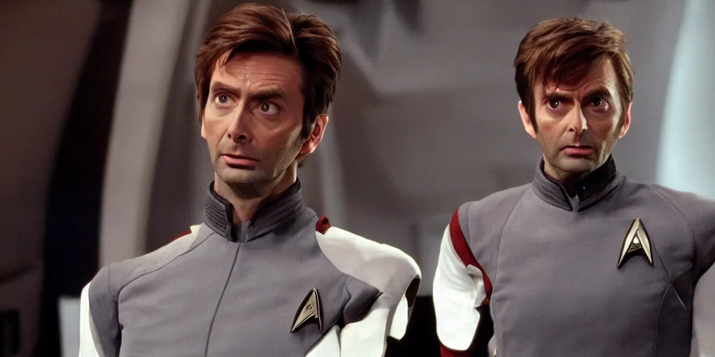 Image similar to David Tennant as Doctor Who, in Starfleet uniform, in the role of Captain Kirk in a scene from Star Trek the original series