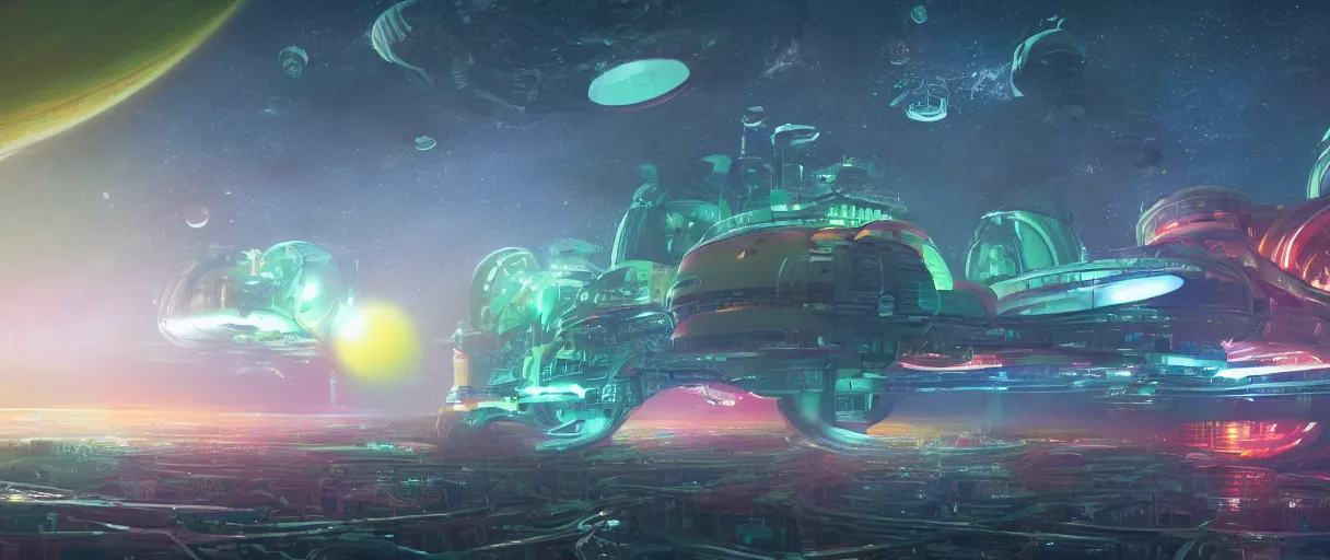 Image similar to a wide shot of a large distant hi-tech sci-fi Utopian spaceship, with a lot of bright color lights, bridges, turrets, pipes, orbiting a gas giant planet, beautiful, solarpunk, volumetric light, photography, color, intricate, extremely detailed, photorealistic, digital art, trending on artstation