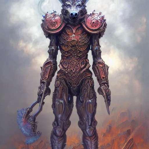 Image similar to anthropomorphic wolf, bismuth rainbow metal armor, standing, cementary, fantasy 3 d render, masterpiece, red aura, by donato giancola and greg rutkowski and wayne barlow and zdzisław beksinski, realistic face