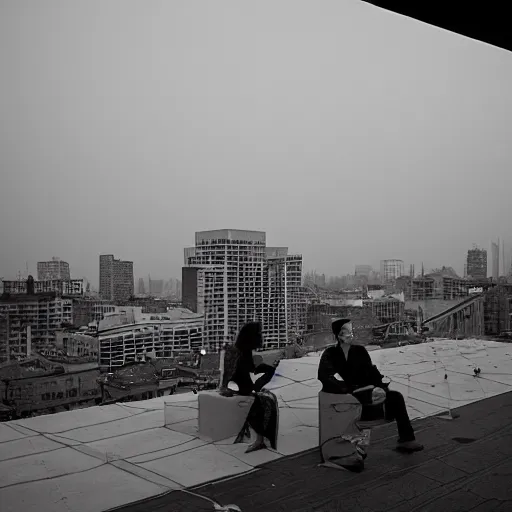 Image similar to a small rooftop with a couple of people sitting and watching the view, wearing black modern clothes, modern shanghai bund is on the background, sunset, by gregory crewdson