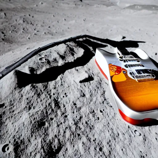 Prompt: photo of an electric guitar and a beer can sitting idle on the moon surface