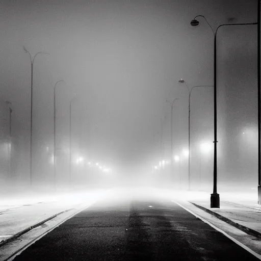 Prompt: empty streets of the void, real photography, black and white, foggy