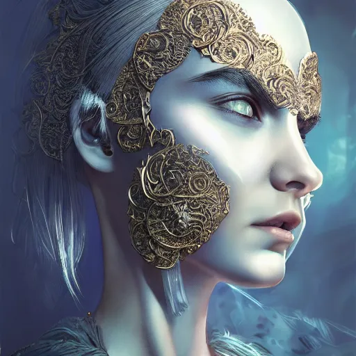 Image similar to Very very very very highly detailed epic photo of face with venetian mask, intricate, dystopian, sci-fi, extremely detailed, digital painting, artstation, concept art, smooth, sharp focus, illustration, intimidating lighting, incredible art by Tokujin Yoshioka and Artgerm and Anton Pieck