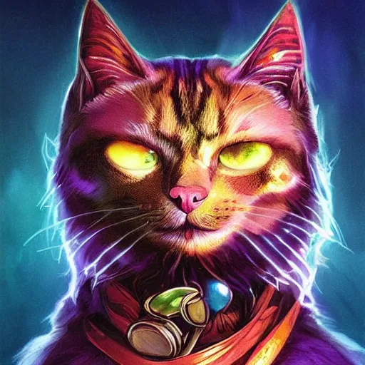 Prompt: a stylized portrait of a powerful cat with wavy brown hair and green eyes as an angry scientist, stylized, arcane magic, blue and purple vapor, neon color, vivid color, lens flare, volumetric light from below, background by justin gerard, hyperdetailed concept art by Ross Tran and Greg Rutkowski, high quality DnD illustration, trending on ArtStationHQ, 8k