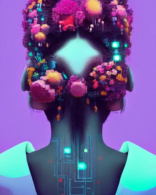 Prompt: a digital painting of a woman with flowers in her hair, cyberpunk art by beeple, behance contest winner, retrofuturism, voxel art, # pixelart, dystopian art