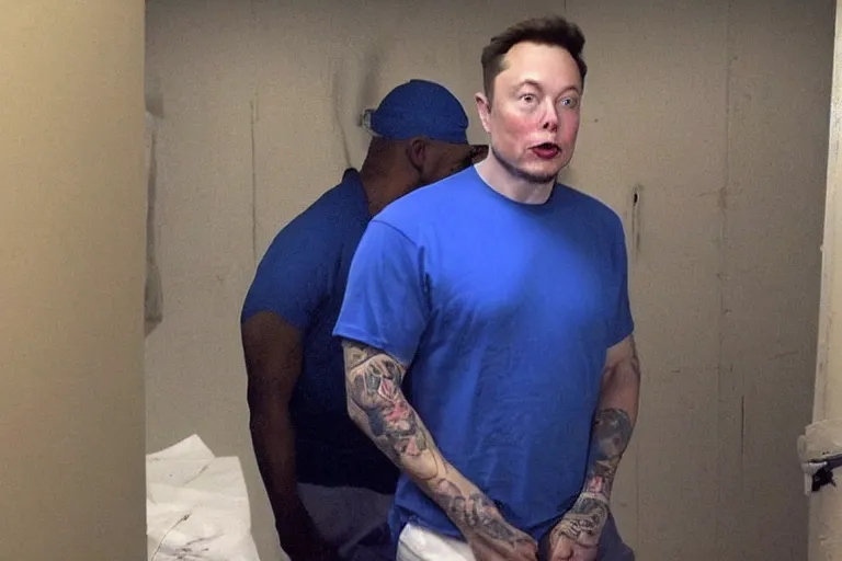 Image similar to medium full shot of elon musk as a gang member wearing a blue head covering made from a polyester or nylon material and a stained white tank top caught doing crack inside a detroit gang trap house, arms covered in gang tattoo, paparazzi, leaked footage, uncomfortable, bad quality