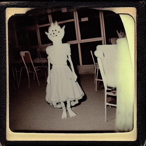 Prompt: cursed Polaroid of haunted translucent cryptid entity creature in creepy dilapidated school cafeteria prom. Midnight. Weirdcore. Hyperrealistic.