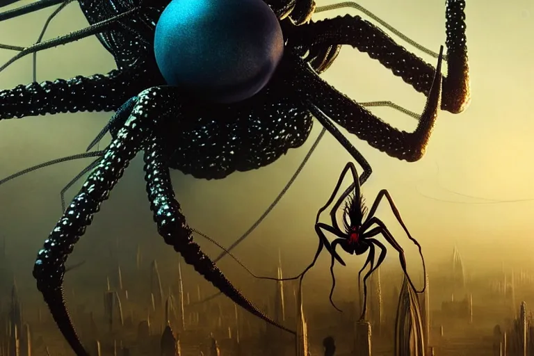 Image similar to realistic detailed closeup portrait movie shot of a beautiful black woman riding a giant spider, dystopian city landscape background by denis villeneuve, amano, yves tanguy, alphonse mucha, max ernst, ernst haeckel, edward robert hughes, roger dean, cyber necklace, rich moody colours, sci fi patterns, wide angle