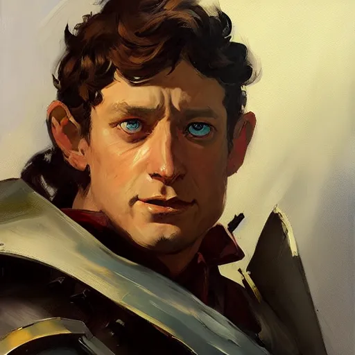 Image similar to greg manchess portrait painting of partially armored frodo beutlin as overwatch character, medium shot, asymmetrical, profile picture, organic painting, sunny day, matte painting, bold shapes, hard edges, street art, trending on artstation, by huang guangjian and gil elvgren and sachin teng