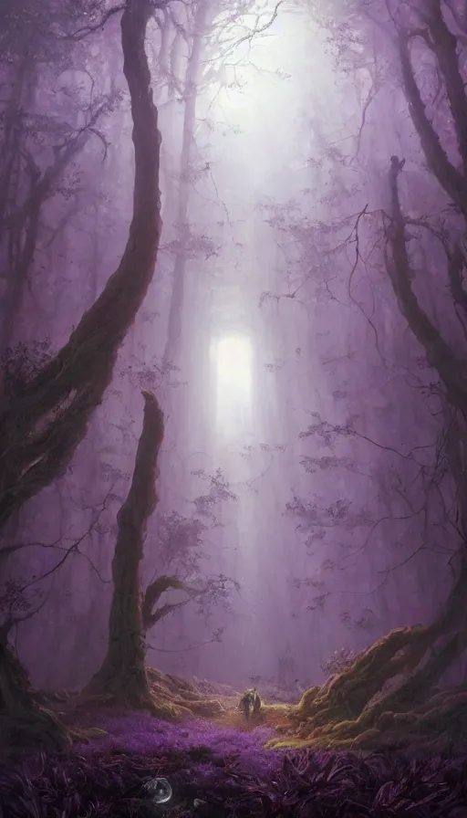 Prompt: Hyper realistic oil painting of a future sci-fi ancient god on the middle of a forest with a lot of purple trees holding a portal that's about to explode, fog, volumetric lighting, nighttime, moonlight, by Greg Rutkowski and Diego Velázquez