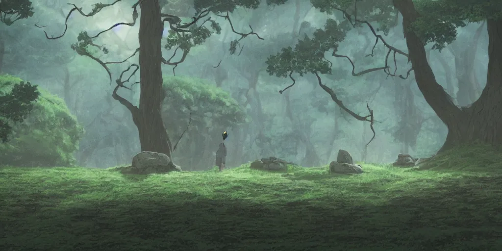 Image similar to award - winning movie still, landscape, dark forest, stone circle, by studio ghibli,