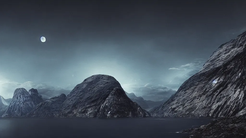 Image similar to a night view of the full moon above fjords, dark, very dark, blue, almost black, dark, dark, dark, dark, moon on the right, moon on the right, moon located on the right, the moon is on the right side, matte painting, concept art, 4 k